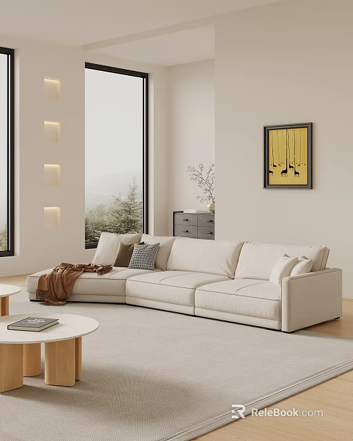 Beige L Shaped Sectional Sofa with Cushions Throw Blanket and Side Table 3d model