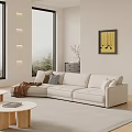 Beige L Shaped Sectional Sofa with Cushions Throw Blanket and Side Table 3d model