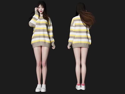 Long Haired Woman In Yellow White Striped Sweater Gray Hem And White Shoes 3d model