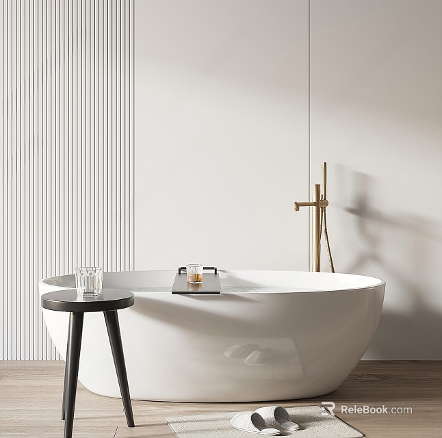Modern Minimalist Bathtub With Side Table Brass Faucet And Slat Wall 3d model 