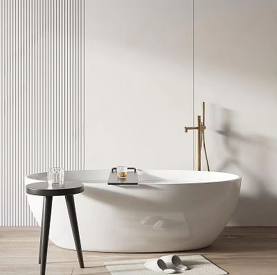 Modern Minimalist Bathtub With Side Table Brass Faucet And Slat Wall 3d model