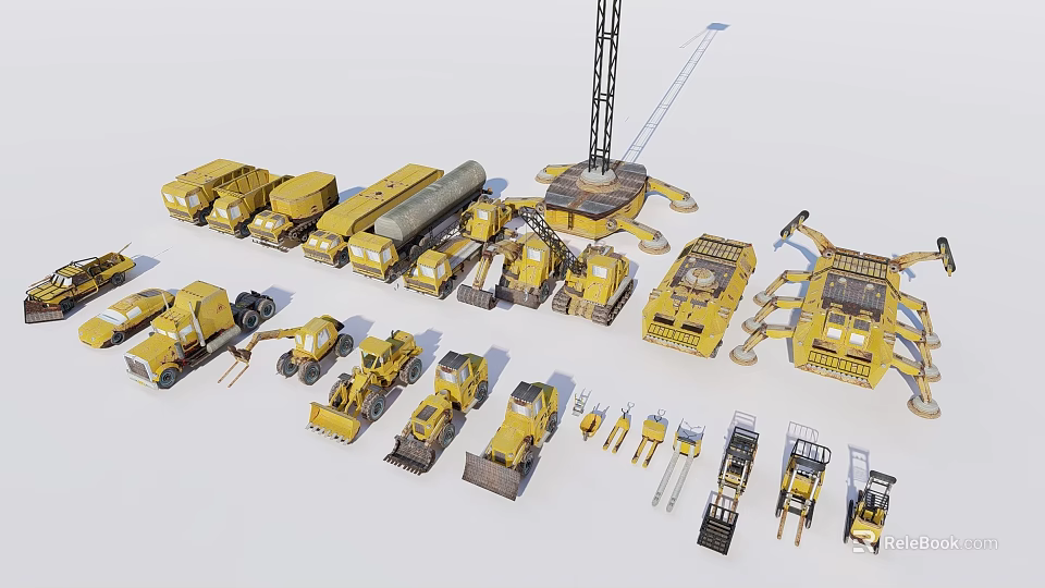 Yellow Construction Machinery Collection Featuring Various Heavy Equipment Models 3d model