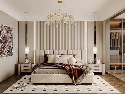 Modern Luxury Bedroom Interior with Striped Headboard Crystal Chandelier Upholstered Bed Checkered Rug and Artwork 3d model