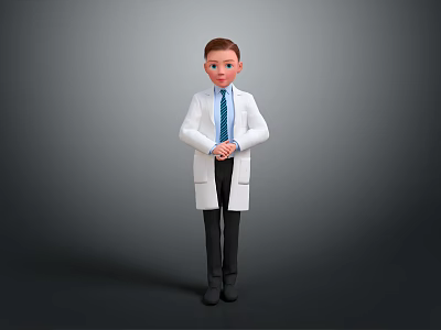 Boy Doctor In White Coat With Blue Tie Standing Against Grey Background 3d model
