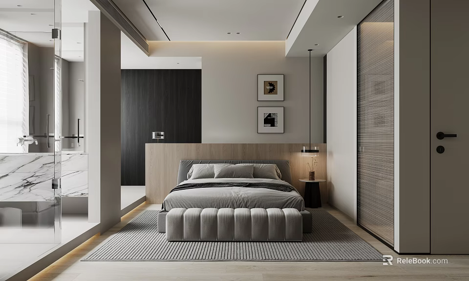 Modern Minimalist Bedroom Interior With Neutral Tones Wooden Headboard And Decorative Paintings 3d model 