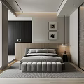 Modern Minimalist Bedroom Interior With Neutral Tones Wooden Headboard And Decorative Paintings