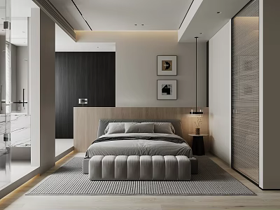 Modern Minimalist Bedroom Interior With Neutral Tones Wooden Headboard And Decorative Paintings 3d model