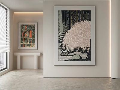 Abstract Painting in Modern Minimalist Interior with Soft Lighting and Framed Wall Art 3d model