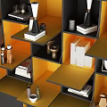 Modern Display Shelf with Black and Orange Design Multiple Layers and Vases Sculptures Books Clock