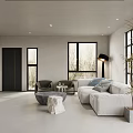 Modern Open Concept Dining Living Area With Pendant Light Large Windows And Wooden Accents