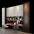 Home Office Setup Desk and Chair Set with White Cabinets Wooden Elements Computers and Decorations