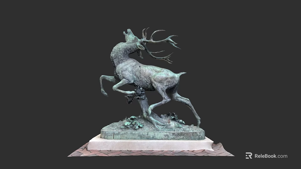 Detailed Bronze Deer Sculpture With Rearing Pose Large Antlers And Marble Base 3d model 
