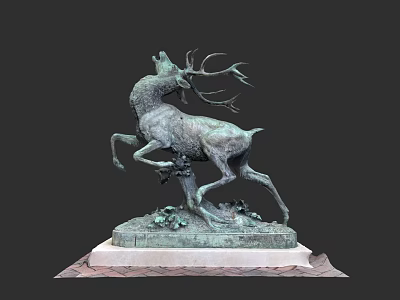 Detailed Bronze Deer Sculpture With Rearing Pose Large Antlers And Marble Base 3d model