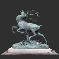 Detailed Bronze Deer Sculpture With Rearing Pose Large Antlers And Marble Base