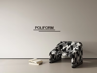 Stylish Black And White Checkered Accent Chair With Books Near Minimalist Wall 3d model