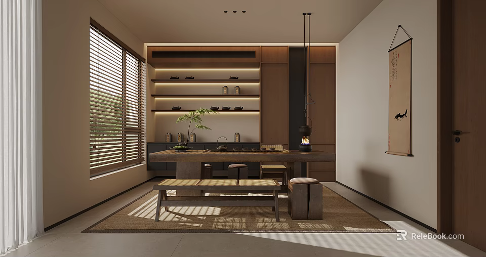 Modern Tea Room With Wooden Shelves Tea Sets Long Table Bench Natural Light And Window 3d model 