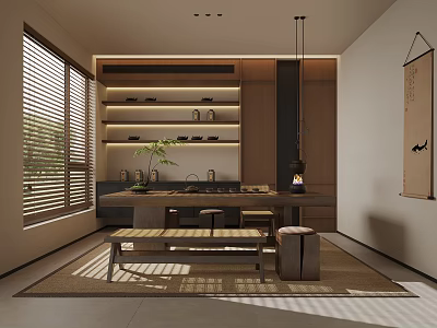 Modern Tea Room With Wooden Shelves Tea Sets Long Table Bench Natural Light And Window 3d model