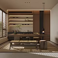 Modern Tea Room With Wooden Shelves Tea Sets Long Table Bench Natural Light And Window