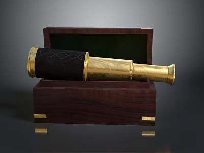 Brass Telescope With Black Leather Wrap In Wooden Box And Gold Metal Decorations 3d model