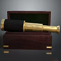 Brass Telescope With Black Leather Wrap In Wooden Box And Gold Metal Decorations