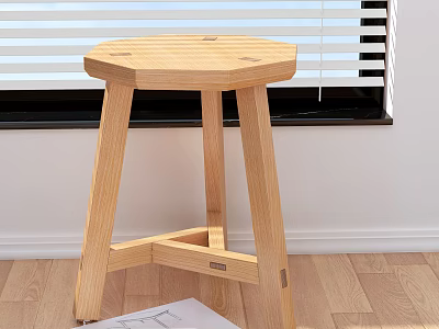 Natural Wooden Stool With Octagonal Seat And Crossed Legs In Modern Home Interior 3d model