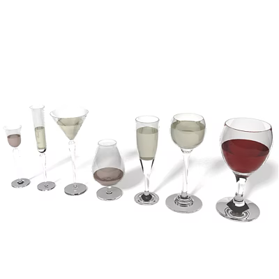 Collection Of Various Shaped Glass Wine Glasses Containing Different Colored Wines 3d model