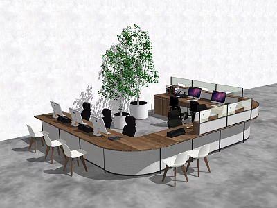 Modern Curved Reception Desk With Wooden Countertop White Base Office Equipment And Green Plant 3d model