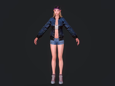 Game Movie Character Female With Purple Hat Blue Jacket Denim Shorts And Sneakers 3d model