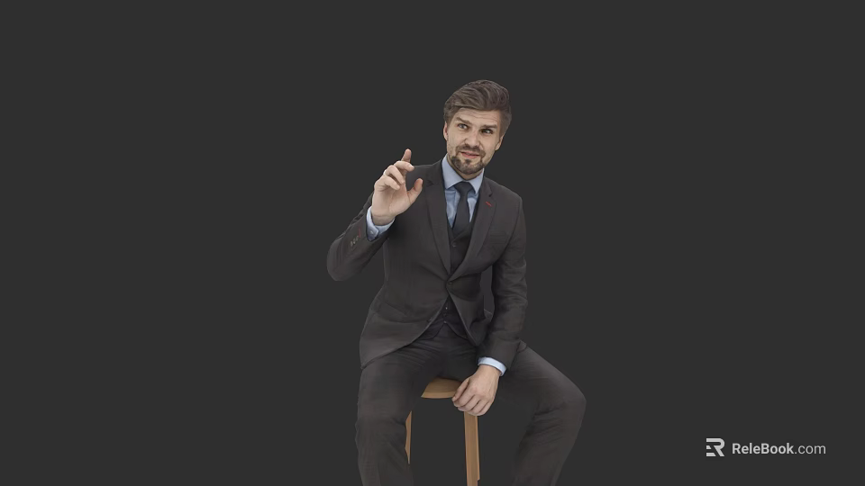 Man in Formal Suit Making OK Hand Gesture Sitting on Wooden Stool Against Black Background 3d model 