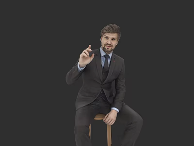 Man in Formal Suit Making OK Hand Gesture Sitting on Wooden Stool Against Black Background 3d model