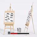 Wooden Easels With Canvas Boards And Black Brush Strokes Near Metal Bucket