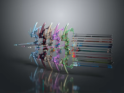 Multicolored 3D Rendered Weapons Spear Like Design Neatly Arranged With Reflections On Grey Gradient Background 3d model