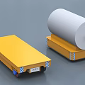 Industrial Equipment With White Roll Material On Yellow Platform And Flatbed Carts