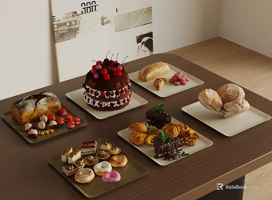 Assorted Desserts Display With Cake Pastries Donuts And Macarons On Table 3d model 
