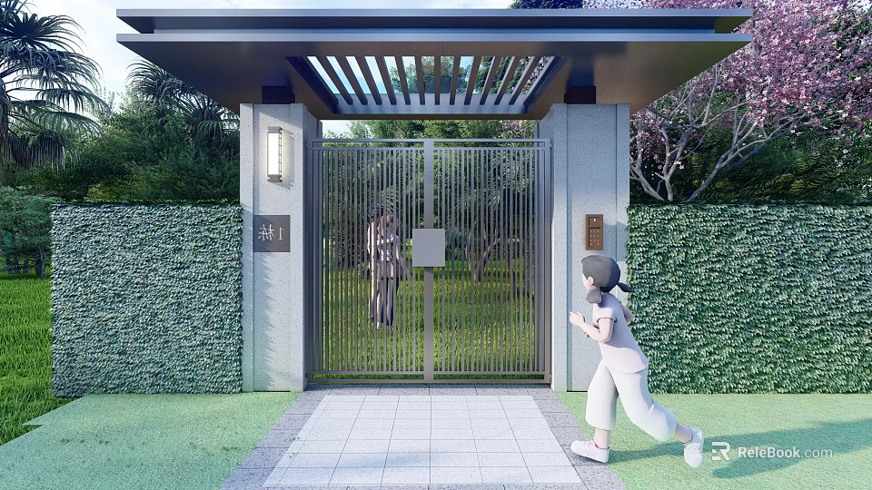 Modern Entrance Gate With Metal Fence Canopy And Green Hedge Girl Running Towards 3d model 