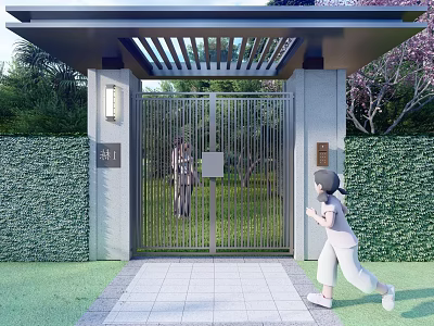 Modern Entrance Gate With Metal Fence Canopy And Green Hedge Girl Running Towards 3d model