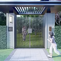 Modern Entrance Gate With Metal Fence Canopy And Green Hedge Girl Running Towards