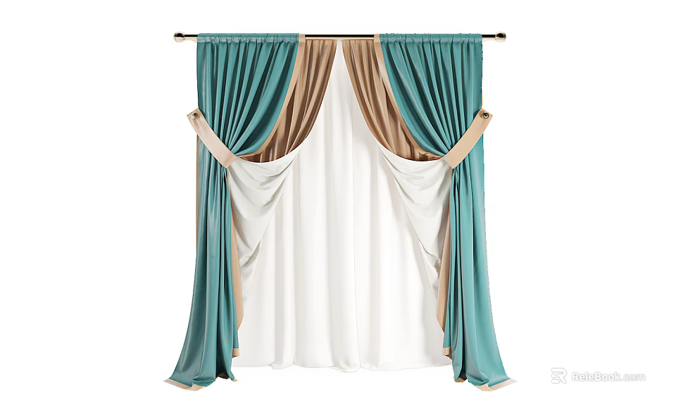Teal and Beige Curtains with White Sheer Layer and Decorative Tiebacks 3d model 