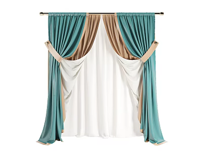 Teal and Beige Curtains with White Sheer Layer and Decorative Tiebacks 3d model