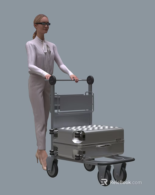 Woman In Light Gray Jumpsuit Pushing Luggage Cart With Silver Checkered Suitcase 3d model 