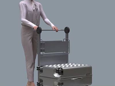 Woman In Light Gray Jumpsuit Pushing Luggage Cart With Silver Checkered Suitcase 3d model