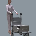 Woman In Light Gray Jumpsuit Pushing Luggage Cart With Silver Checkered Suitcase