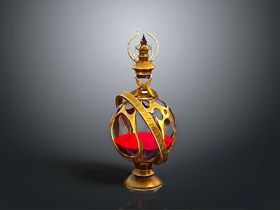 Ornate Golden Decorative Lantern With Intricate Cutout Design And Red Base 3d model