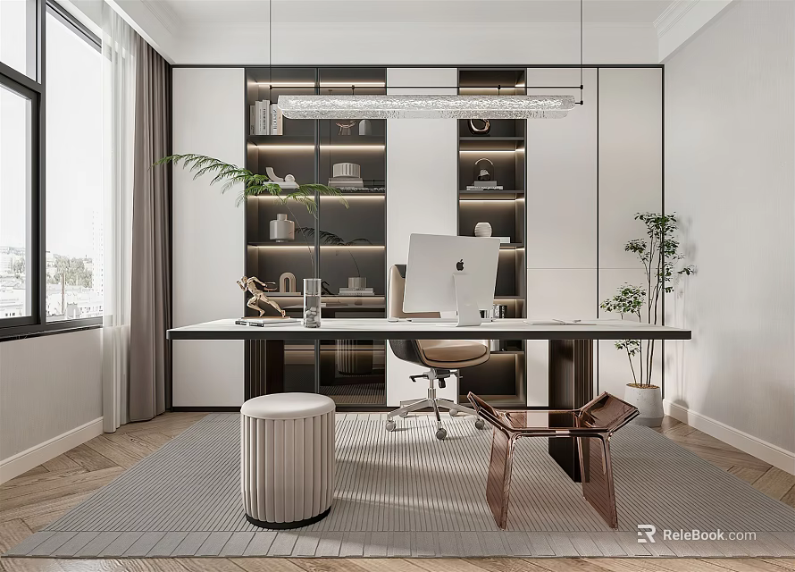 Modern Study Room Interior With Spacious Desk Computer Bookshelves And Pendant Lighting 3d model