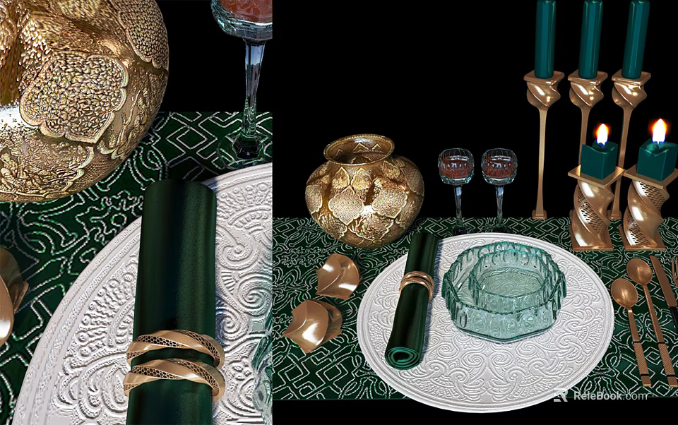 Green Gold Tableware Set with Napkins Plates Vase Wine Glasses Candles on Patterned Tablecloth 3d model 