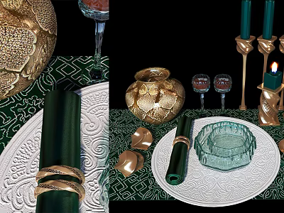 Green Gold Tableware Set with Napkins Plates Vase Wine Glasses Candles on Patterned Tablecloth 3d model
