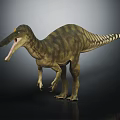 3D Dinosaur Character Model With Long Snout Open Mouth Striped Skin Standing On Black Background
