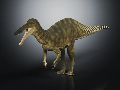 3D Dinosaur Character Model With Long Snout Open Mouth Striped Skin Standing On Black Background 3d model