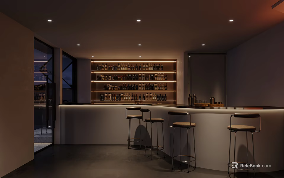 Modern Dark Bar Interior With Bar Stools Wine Racks And Ambient Lighting 3d model 