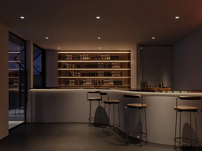 Modern Dark Bar Interior With Bar Stools Wine Racks And Ambient Lighting 3d model